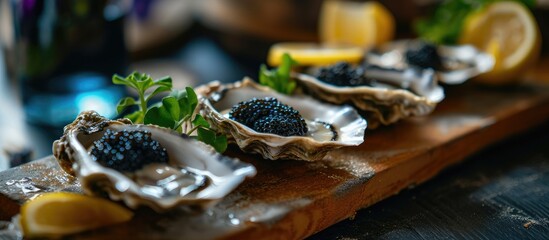 Gourmet restaurant serving opened oysters with black sturgeon caviar and lemon, a delicatessen.