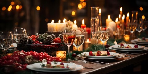 decorated table for christmas dinner with candles and flowers, panorama