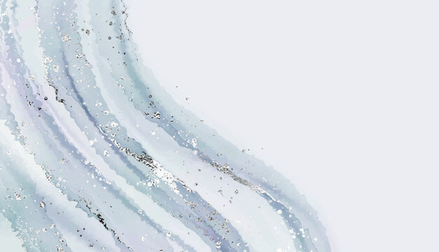 Modern marble texture border with silver splash and glitter splatter.