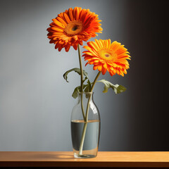 Orange gerberas in a clear vase with water. Glints of light from the window.