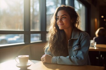 Beautiful smiling girl with a cup of ot coffee or tea sitting at a table in a cafe, healthy eating and diet concept - Powered by Adobe