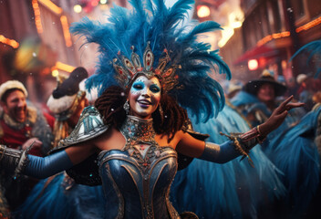 A festive image of a woman dancing in elaborate blue carnival costume