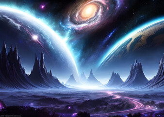 Cosmic dreamlike vision of a multiverse with many stars and planets Generative AI