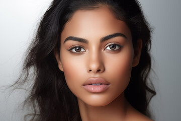 Obraz premium Beautiful young Indian woman takes care of her skin, posing over grey background