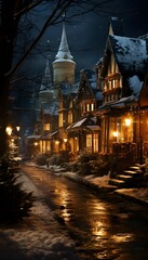 Fototapeta na wymiar Winter night in old town of Hallstatt, Austria, Europe