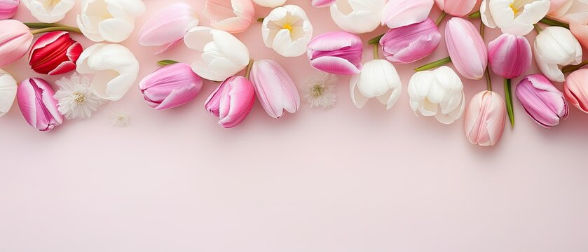 An arrangement of pastel white and pink tulip flowers creating a frame around an image with copy space.