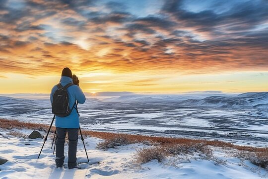 Iceland Photographer Taking Pictures on Frozen Fjord Icebergs in Sunset Twilight