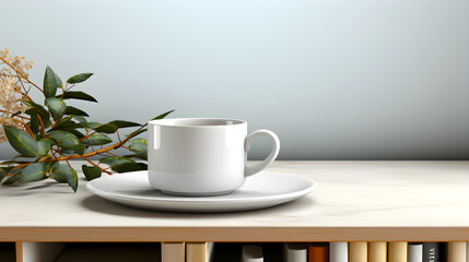 simple white cup with a saucer is on a wooden table, with green leaves and soft pink flowers in the background