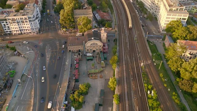 Subway club ost renate city Berlin Germany. Lovely aerial top view flight drone