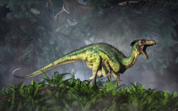 Ornitholestes was a small, bipedal carnivorous theropod dinosaur of the Jurassic period, about 150 million years ago. 3D rendering.