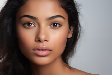 Obraz premium Beautiful young Indian woman takes care of her skin, posing over grey background