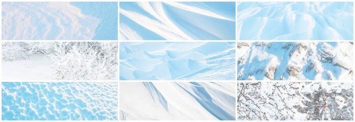Set of snow textures. A collection of light winter backgrounds including: smooth clean white snow,...