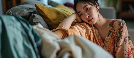 Tired young Asian woman in casual clothes deciding between fabrics on couch at home.