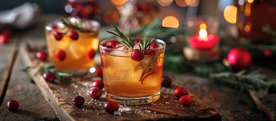 Obraz na płótnie Canvas Festive rosemary garnished Christmas cocktail idea with apple cider and cranberries.
