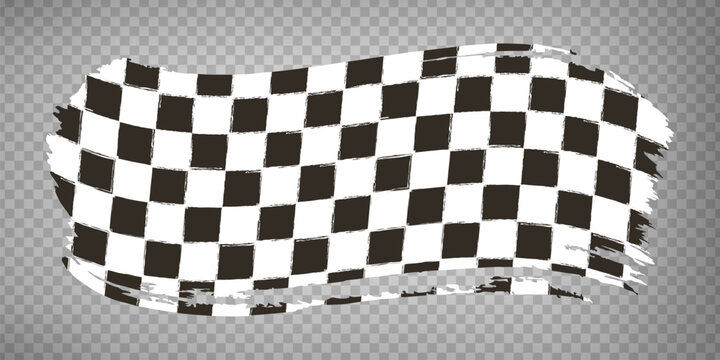 Grunge waing car race flag, brush stroke background. Checkered pattern of start and finish of auto rally and motocross, banner for karting sport, championship trophy on transparent background, EPS10.