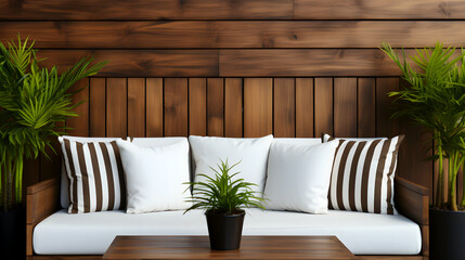 modern outdoor wooden bench with white cushions and striped pillows, flanked by lush potted palms against a wooden slat wall