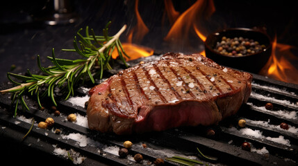 Entrecote Beef Steak On Grill With Rosemary Pepper And Salt 