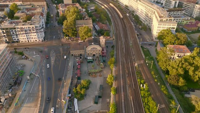 Techno club ost renate city Berlin Germany. Great aerial top view flight drone