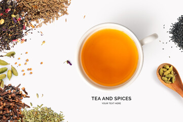 Creative layout made of spices and tea on the white background. Flat lay. Food concept. Macro concept.	