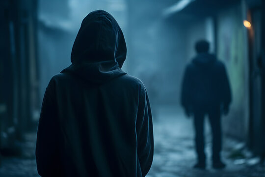 Man in hood following person at night. Concept for crime, robbery and assault