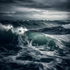 Stormy sea waves. Epic seascape. Dramatic sky, dark stormy clouds. Epic seascape. Nature, environment, ecology, climate change, fickle weather