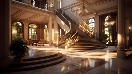 Luxury hotel lobby with stairs, panoramic view.