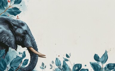 Elephant head portrait face on hyper realistic leafy tree background