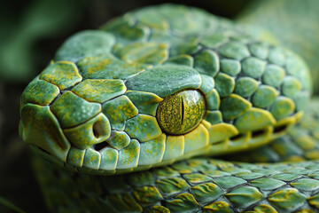 Close-up of snake eye, green python staring