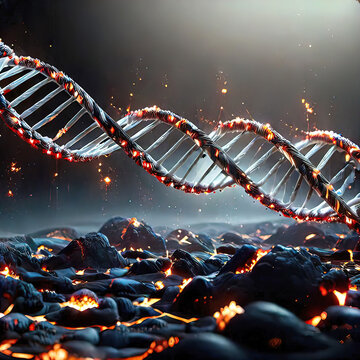 Conceptual image of DNA structure with molecules, illustrating genetic changes, manipulation or modification of DNA.