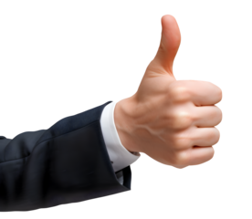 A businessman hand gives a thumbs up gesture against isolated on a Transparent Background.The gesture is a universal sign of approval, affirmation, and positive attitude.