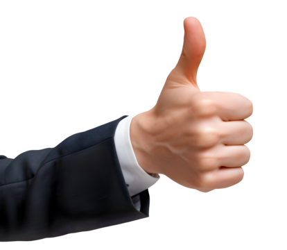 A businessman hand gives a thumbs up gesture against isolated on a Transparent Background.The gesture is a universal sign of approval, affirmation, and positive attitude.