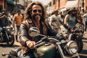 Fototapeta na wymiar A long haired biker dude rides into town