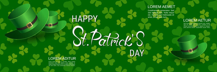 St.Patrick's Day vector banner template. Green pattern background with colorful clover leaves - obrazy, fototapety, plakaty
