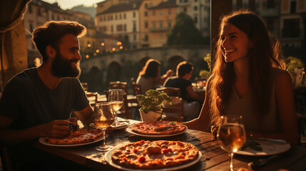 Relaxed friends sitting at table at party. Young people in casual clothes sitting on terrace roof, talking, eating pizza and drinking wine. Communication, friendship concept