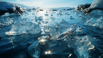 Blue ice with cracks and hummocks, stalactites and icicles, shards of ice and crystal. The natural background. The ice is close. Sun glare on the blue ice .  Glacier ice