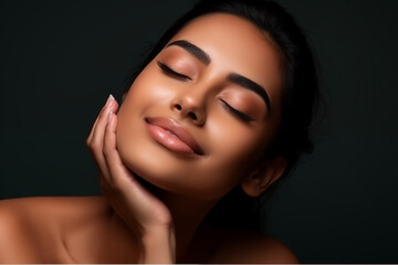 Beautiful happy young Indian woman touching her face caring for facial skin. Skincare concept - Powered by Adobe