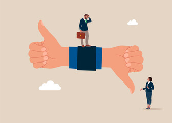 Arguing on big hands showing like and dislike. Customer feedback. Flat vector illustration