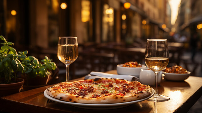 Italian dinner lunch for two with pizza and white wine with beautiful view. Date with wine outside
