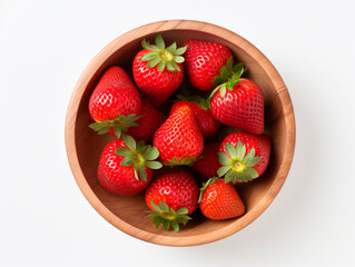 Strawberries in wooden bowl isolated on white background. 