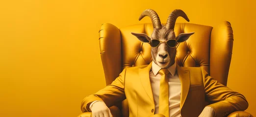 Foto op Canvas A cool looking Capricorn portrait with glasses, in a suit and tie sitting in the armchair. A Humanoid zodiac sign posing as a Boss, isolated on a pastel yellow background. © SM.Art