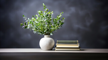 textured white vase with green leaves on a wooden table and a stack of hardcover books beside it, against a dark, cloudy background - obrazy, fototapety, plakaty