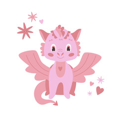 Pink Dragon girl in a cute cartoon style, Chinese New Year 2024 symbol, Lunar New Year Dragon. Vector illustration.