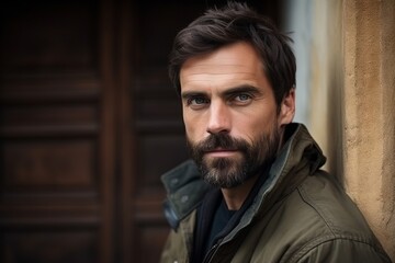 Obraz premium Portrait of a handsome man with a beard and mustache in a jacket