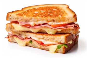 Crispy toasted sandwiches with ham, melted cheese and tomato on white background, Street food - obrazy, fototapety, plakaty