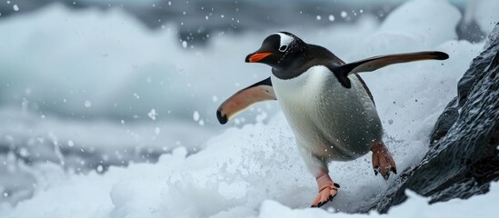 Gentoo penguin slides downhill to the ocean on Danko Island, Antarctica. - obrazy, fototapety, plakaty
