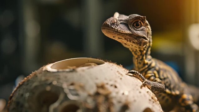 A baby raptor hatched from a dinosaur egg in a laboratory close-up animation scene