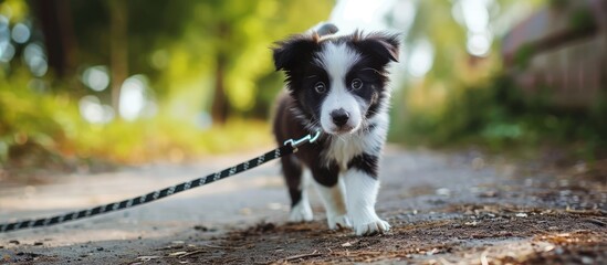 Border collie puppy being walked on a leash in the park, getting socialized.