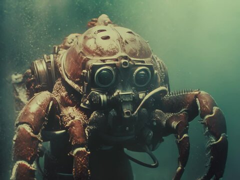 A biomechanical diving crab robot underwater futuristic sci-fi creature design animation