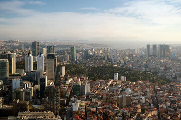 Aerial view  to a modern city with skyscrapers, parks and sea coast. Against the background of a sunset sky with clouds.