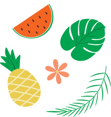 Summer tropical set: monstera leaf, pineapple, flower, palm leaf, watermelon